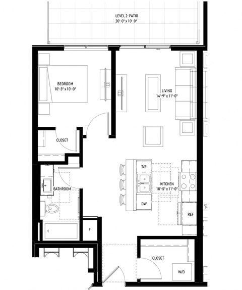 Floor plan for 1 bed, 1 bath, 670 sqft